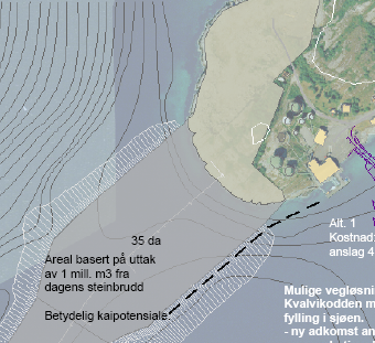 Fra Kvalvikodden ligger det an til en stegvis utbygging av adkomsten til Lille Hjertøy, som samtidig gir avskjerming av området på utsiden av Burøya: Første steg vil være en ca 230 m lang og 150 m