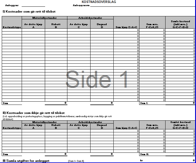 2. Detaljert kostnadsoverslag Kostnadsoverslag skal fyllast ut. Skjema for dette ser slik ut og ligg på: http://www.regjeringen.no/nb/dep/kud/kampanjer/idrettsanlegg/sokna dsskjema.html?