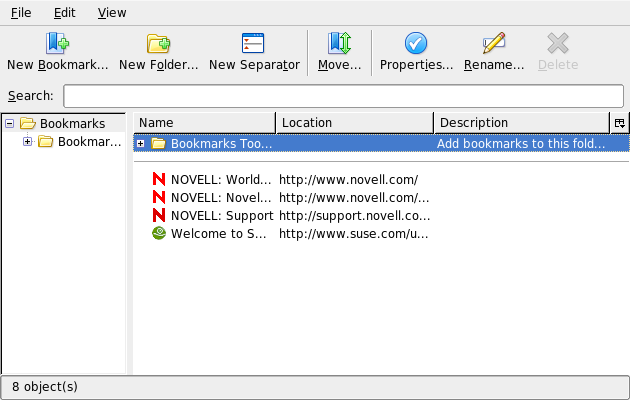 Figur 12-2 Bruke Firefox Bokmerkebehandling Du åpner Bokmerkebehandling ved å klikke Bokmerke > Behandle bokmerker. Et vindu åpnes og viser bokmerkene dine.