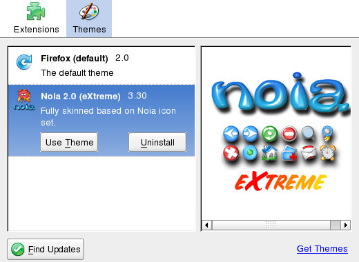 Figur 12-3 Installere Firefox-utvidelser 12.5.2 Endre temaer Hvis du vil ha noe annet enn standardutseendet på Firefox, kan du installere et nytt tema.