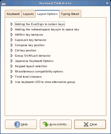 Figur 2-4 Dialogboksen Tastaturinnstillinger kategorien Alternativer for layout Velg et alternativ for å åpne en undermeny for dette alternativet, og velg deretter de ønskede innstillingene.