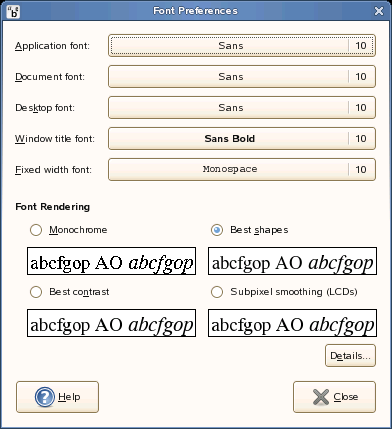 Figur 2-21 Dialogboksen Skriftinnstillinger Den øvre delen av dialogboksen viser skriftene som er valgt for programmer, skrivebordet, vindustitler og en skrift med fast bredde for terminalvinduer.