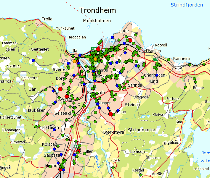 5.1.2 GEOGRAFISKE TREKK Når man ser på fotgjengerulykkene som har vært i Trondheim i tidsperioden 2002-2011, ser man at de fleste ulykkene har inntruffet i sentrum, og da generelt langs