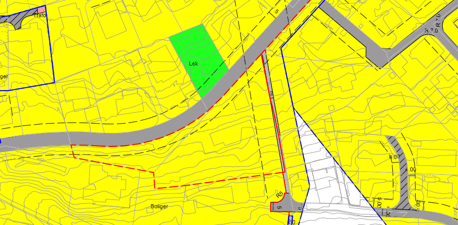 Planråde Utsnitt av gjeldende reguleringsplan. Varslet planområde merket med rød stiplet strek. 3. Forhåndskunngjøring Oppstartsmøte ble avholdt 02.10.14.