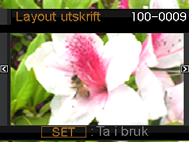 6. Trykk [SET]. 7. Bruk [ ] og [ ] for å velge stillbilde for layouten og trykk så [SET]. Layout uskrift støttes ikke når bildestørrelsen er 3:2 (3264 2176 piksler).