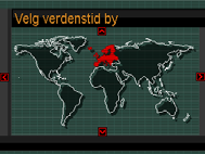 Bruk av verdenstid (World Time) Du kan bruke verdenstidsskjermen for å sjekke gjeldende tid i soner forskjellig fra din hjemby når du drar på reiser etc.