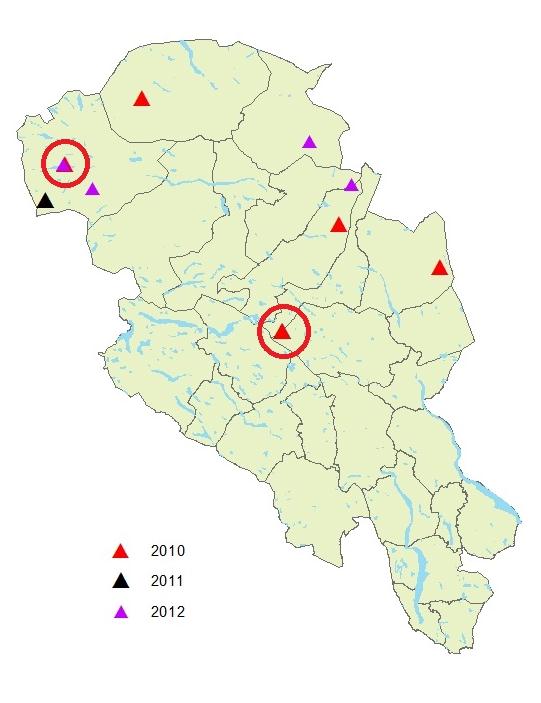 Figur 2. Registrerte ynglinger av jerv og gaupe i perioden 2010 2012. For gaupe er det flere observasjoner av hver familiegruppe.