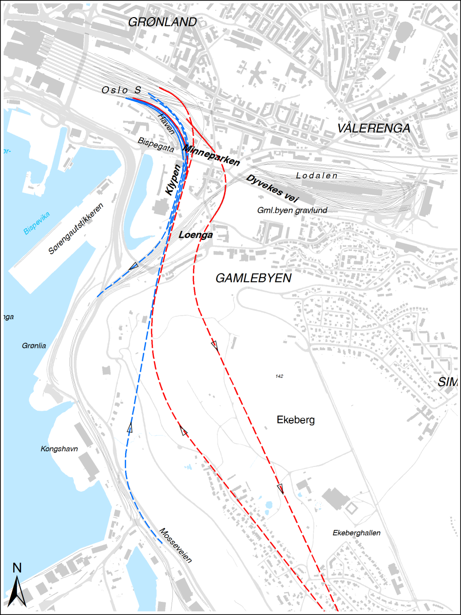 Dok nr: UOS00-A 0-36011 Side: 64 av 143 Alternativ B Loenga 3 (Loenga delt 4Ic) I Loenga 3 føres utgående gjennom eksisterende Østfoldbanekulvert gjennom Minneparken.