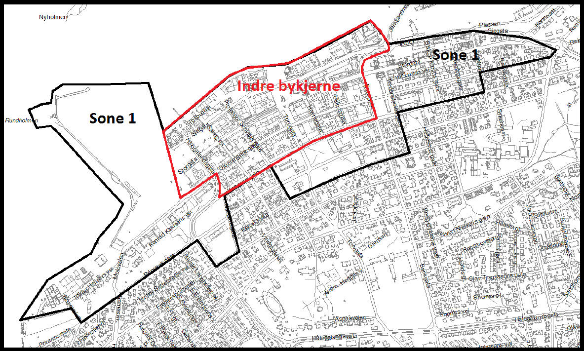 Figur 1: Kart over bykjernen, med avgrensing av den indre bykjernen (Hentet fra s. 32 i planbestemmelsene).