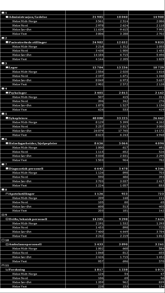 OPPSUMMERING - NASJONAL BEMANNINGSMODELL Tabell