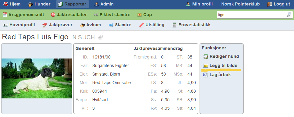 Brukermanual 3.7.5 Se prøvestatistikk for en hund For å se prøvestatistikk for en hund må man først klikke seg inn på hundeprofilen til hunden.