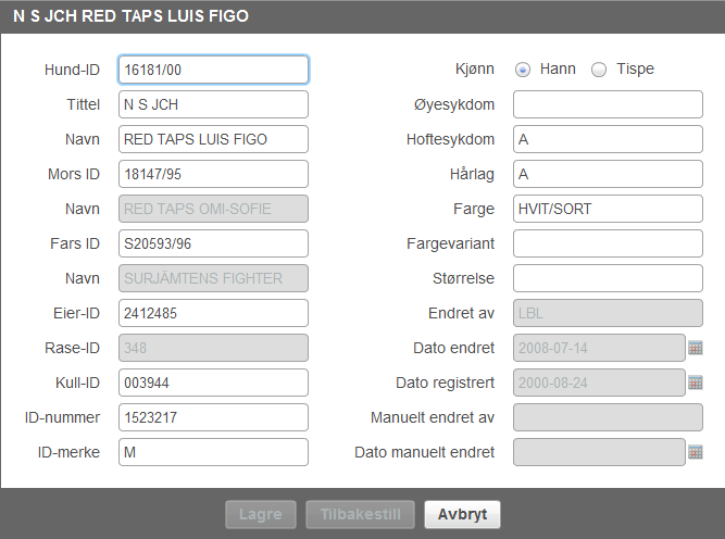 Brukermanual 3.7.7 Rediger informasjonen for en hund For å redigere informasjonen til en hund må man først klikk seg inn på hundeprofilen til hunden.