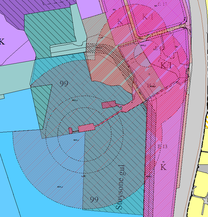 Figur 21: Hensynssonene i planforslaget. Under henysnssonene vises nytt havneareal, markert 99, som vist i forslag til ny kommuneplan.