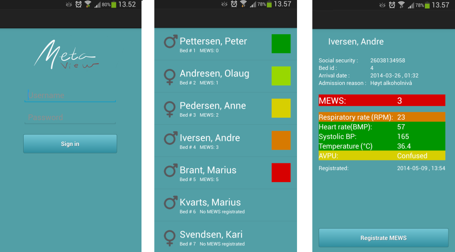 Figur 2.5. viser tre skjermbilder fra Android klienten. 6.2.1 DEFINERE XML LAYOUT Hver Activity i Android må ha ett eller flere Layout knyttet til seg.