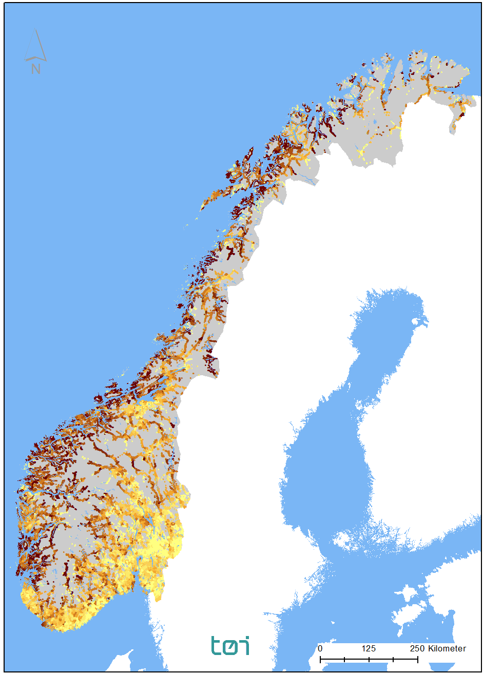 Endring personkm (%) ") - 5,0 ") 5,1-10,0 ") 10,1-15,0 ") 15,1-20,0 ") 20,1-30,0 ") 30,1-50,0 ") 50,1-75,0 ") 75,1-100,0 ") 100,1 - Figur 3-8: Potensial for regionforstørring med nytt veinett.