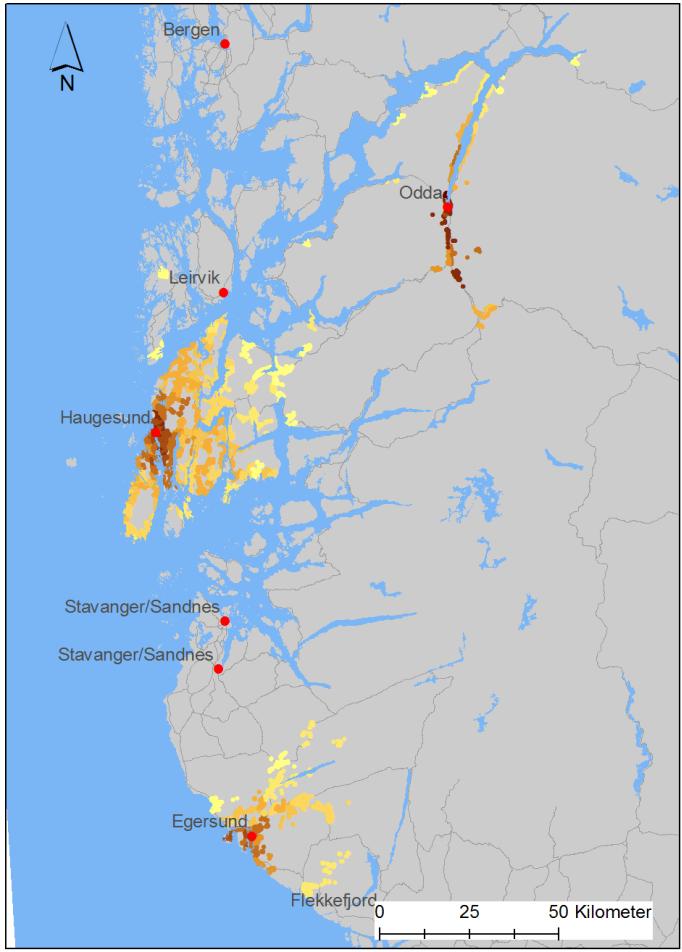 71-80 ") 81-90 ") 91-100 Figur 4-7: Pendlingsomland rundt Egersund, Haugesund, Odda.