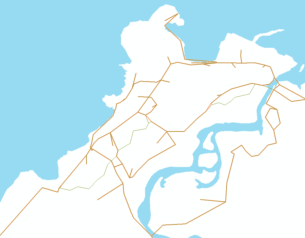 Figur 1 viser kart over transportnettverket i Alta. Veilenkene er symbolisert med rødt for basisscenarioet og sort for konsept 3 omtalt som Raipas-konseptet.