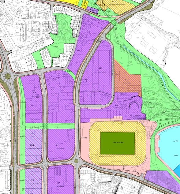 Alternativt formål på feltene BKH2-5 og BKHT1 i samsvar med formålene i kommuneplanen I områdene rundt Stadionveien bryter områdeplanen med føringene lagt i kommuneplanen.