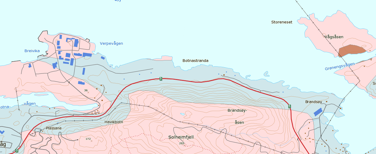 Figur 7. Øvst: Berggrunnen i planområdet er dominert av diorittisk til granittisk gneis, migmatitt (rosa).