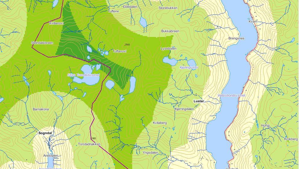 Figur 9. Del av det store inngrepsfrie naturområdet i influensområdet til Kjerringnes kraftverk (kilde INON: Direktoratet for naturforvaltning, 01.01.2008).