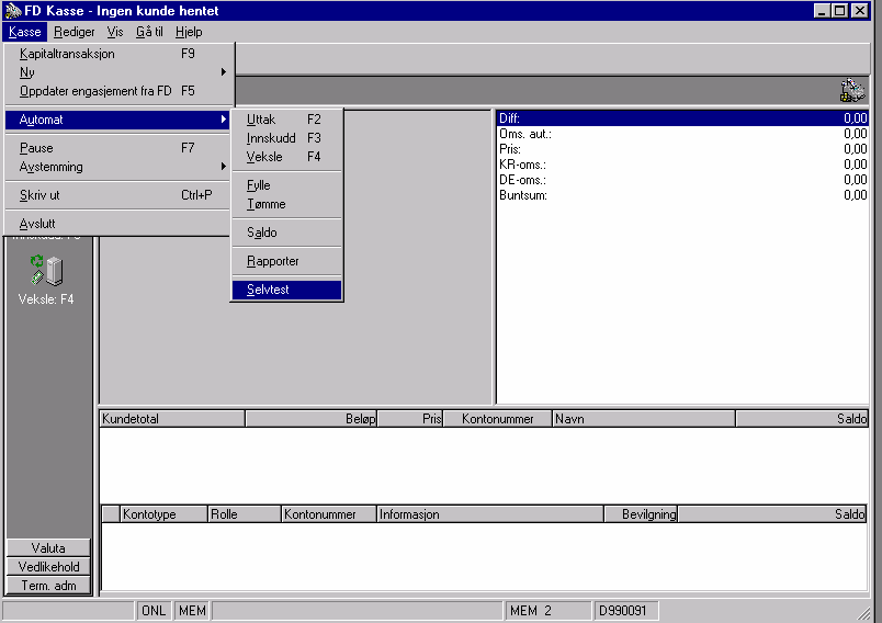 2. Du finner også de samme valgene under 'Kasse', 'Automat' i menylinjen.