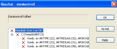 Trykk på knapp Vis feil for å få lagret meldingene i egen feilmeldingsfil. Rett opp feilene ved å gå fra objekt til objekt i meldingsfila. 4. Eksporter base til SOSI Se detaljer i Kokebok, kapittel 5.