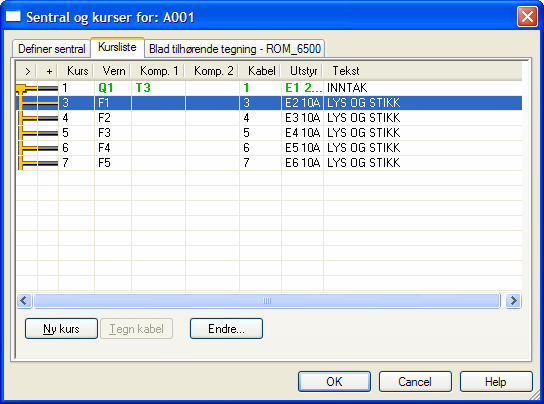 08.11.2007 105 Skjema/Automasjon Knappenes funksjoner: [Ny kurs] [Tegn kabel] [Endre] Sette inn ny kurs i kurslisten.