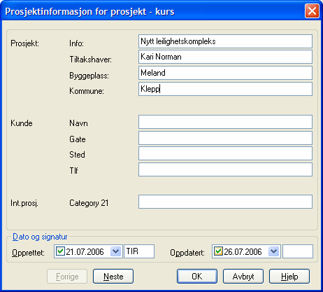 08.11.2007 53 Tegningsliste Nytt prosjekt Opprett nytt prosjekt i tegningslisten slik: 1. Sett pekeren i feltet Prosjekt og skriv navnet på det nye prosjektet. Bruk A Z, 0 9, maks 8 karakterer.