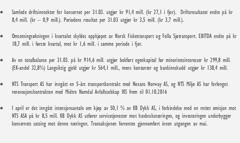 HOVEDPUNKTER 1. KVARTAL 2014 DRIFTSINNTEKTER (MNOK) EBITDA (MNOK) RESULTAT PR.