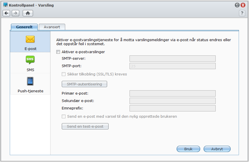 Brukerveiledning for Synology DiskStation Motta hendelsesvarslinger Gå til Hovedmeny > Kontrollpanel > Varsling, og sett opp Synology DiskStation til å varsle deg via e-post, SMS, mobilenheter,