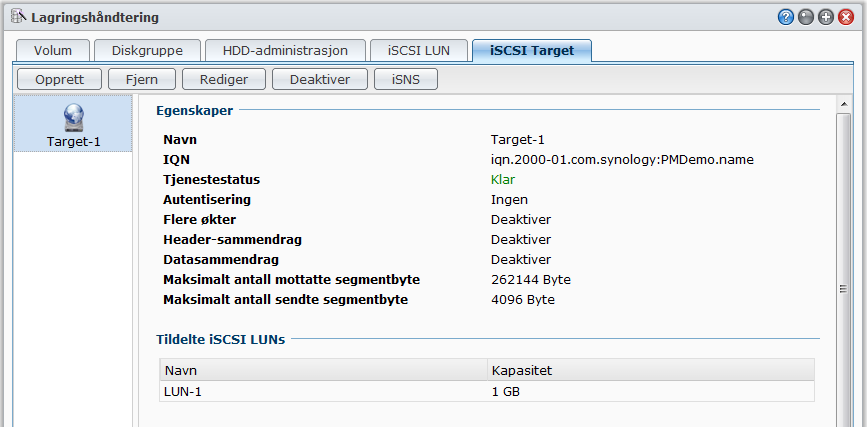 Brukerveiledning for Synology DiskStation Administrere iscsi Target med Lagringshåndtering Gå til Hovedmeny > Lagringshåndtering og klikk iscsi Target-fanen for å administrere iscsi Targets på