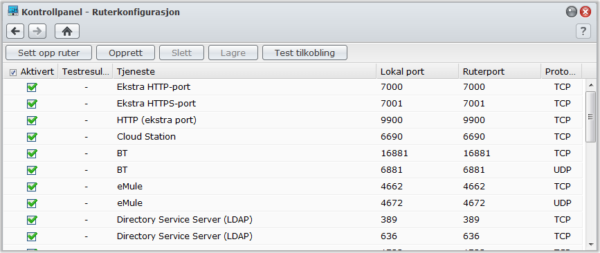 Brukerveiledning for Synology DiskStation Gå til Hovedmeny > Kontrollpanel > Ruterkonfigurasjon for å sette opp ruteren og reglene for portvidereformidling.