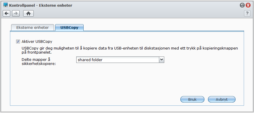 Brukerveiledning for Synology DiskStation Sikkerhetskopier data på USB-enhet eller SD-kort Du kan gå til Hovedmeny > Kontrollpanel > Eksterne enheter for å angi en delt mappe som skal brukes med