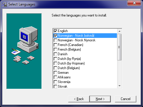I de etterfølgende vinduer velger du Neste/Next hel til du kommer til Velg her Engelsk og norsk (bokmål/nynorsk) og de andre språk du vil