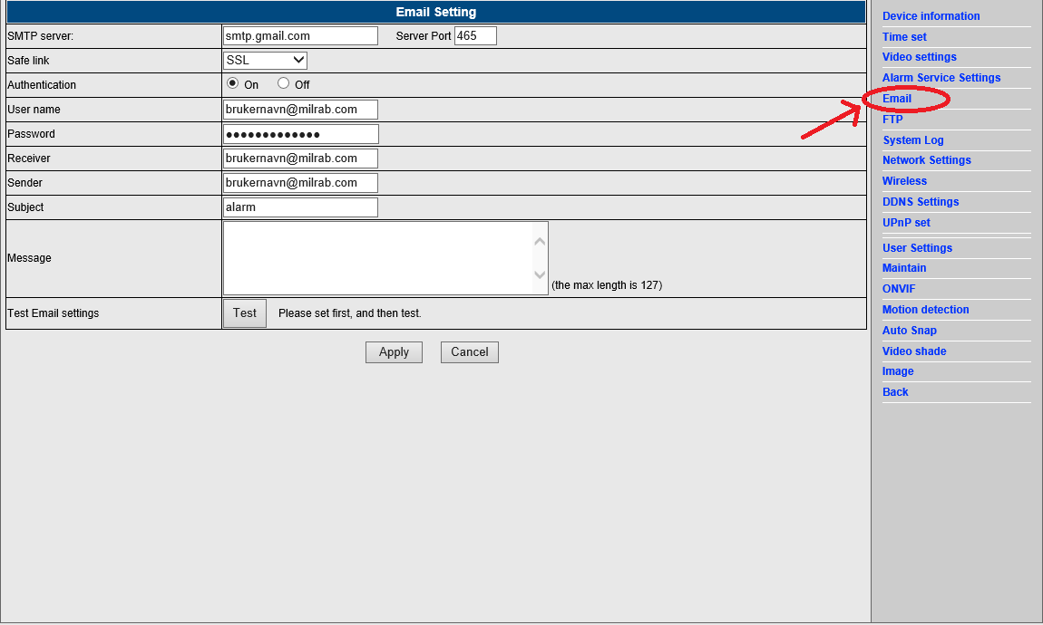 3.3 Når kameraet er koblet til trådløst internett kan du koble det ut og plassere det hvor du vil så lenge du har wifi signal. For å konfiguere mail varslinger trykk på «Email».