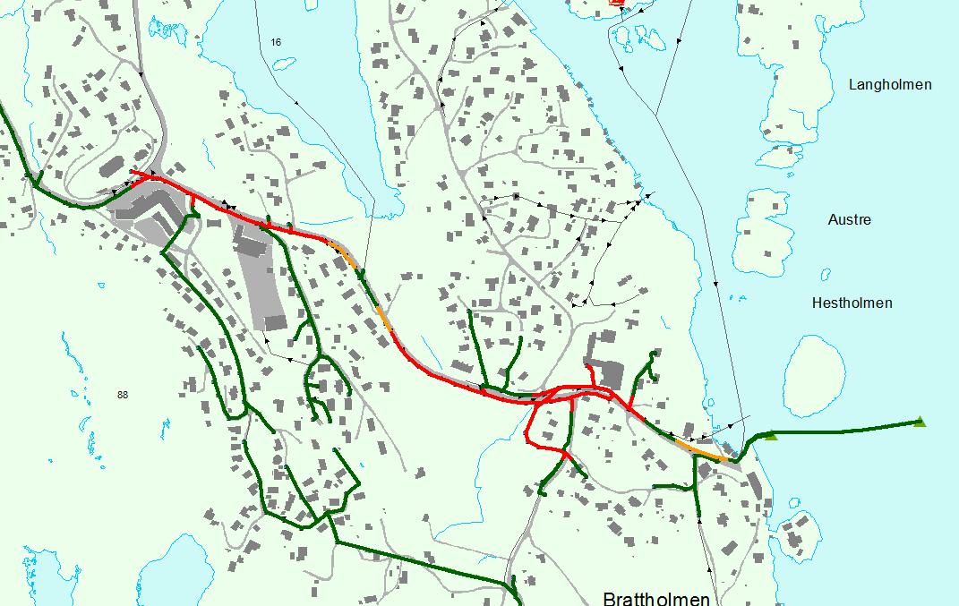 Figur 80: Kapasitetskart Idrettsvegen, regn med 2 års gjentaksintervall.