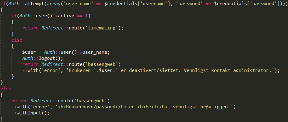 Produktdokumentasjon 8. Beskrivelse av BassengWeb 8.1 Autentisering og roller 8.1.1 Auth Laravel har en innebygget klasse som håndterer autentiseringen av brukere, denne klassen heter Auth.