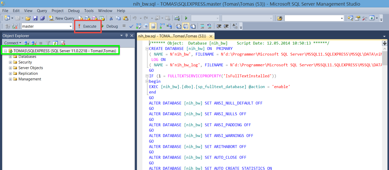 Produktdokumentasjon 10.2.2 Microsoft SQL Server 2012 Express For å laste inn databasen i MSSQL finnes SQL-filen nih_bw.