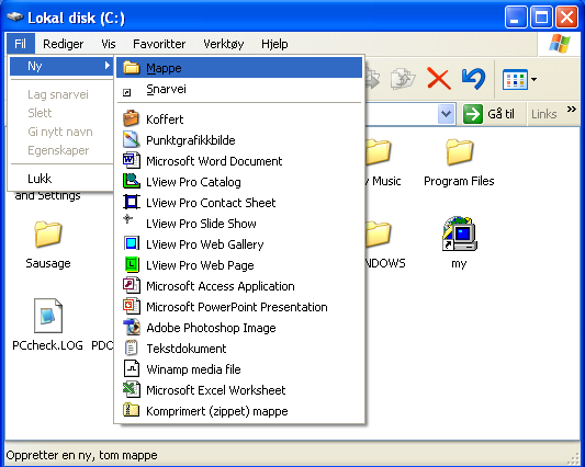 Filer og mapper i Windows side 5 av 14 Lage ny mappe La oss prøve å lage ei ny mappe for våre egne dokumenter.