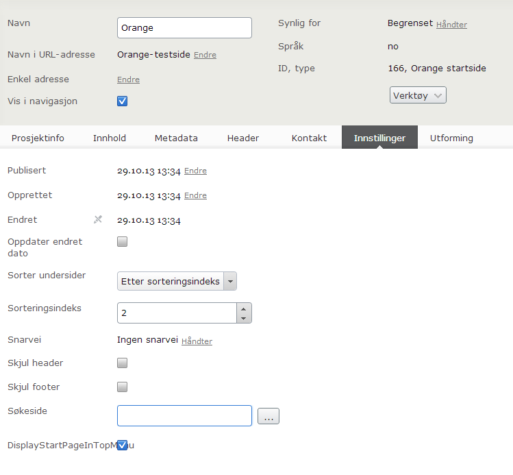 Innstillinger Her kan en endre dato for publisering, opprettet og endret. En kan også oppdatere endret dato om det er behov for det. Her velger en også hvordan nye undersider skal sorteres.
