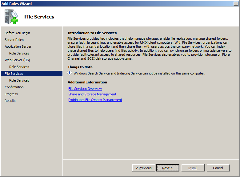 Klargjøring 6) Velg følgende rolle for webserver (IIS). Application Development Klikk på [Neste] knappen. Skjermbildet "File Services" vises. 7) Installer filtjenester.