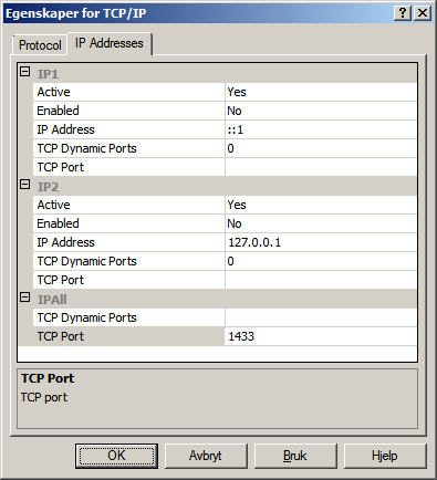 Klargjøring 3) Klikk på fanen [IP Addresses]. Slett verdien som vises i tekstboksen [IPAII] - [TCP Dynamic Ports].