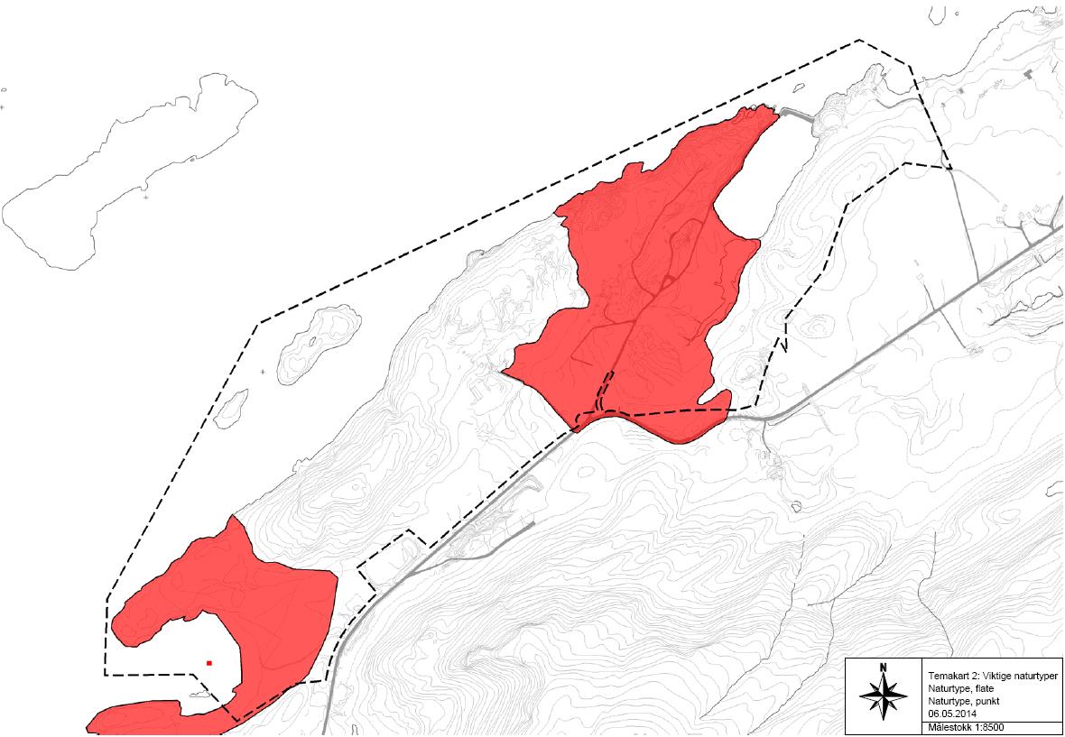 Figur 14: To viktige naturtypeområder med bevaringsverdig plante- og dyreliv vist i rødt; Ausvika i vest og Geitvågen i øst.