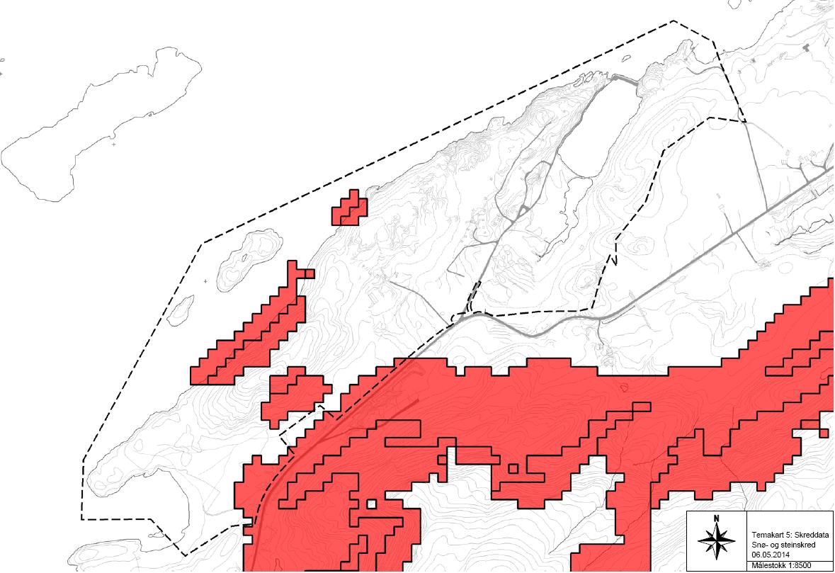 Skredfare Da det innenfor planområde er noen bratte fjellskrenter er også skreddata fra NGI tatt inn i analysen, og som er framstilt i rødt i figur 17 under.