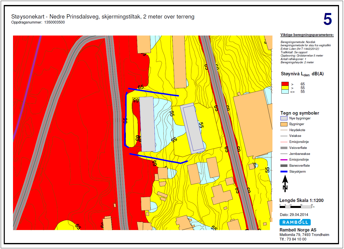 18 (30) ROS-ANALYSE Figur 10 - Støysonekart for vegtrafikk- og jernvanestøy (iht. T-1442), fremtidig prognosesituasjon, 2 m over terreng, med støyskjermer.