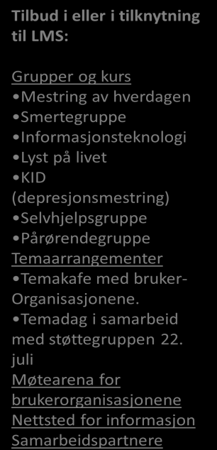 Tilbud i eller i tilknytning til LMS: Grupper og kurs Mestring av hverdagen Smertegruppe Informasjonsteknologi Lyst på livet KID (depresjonsmestring) Selvhjelpsgruppe Pårørendegruppe