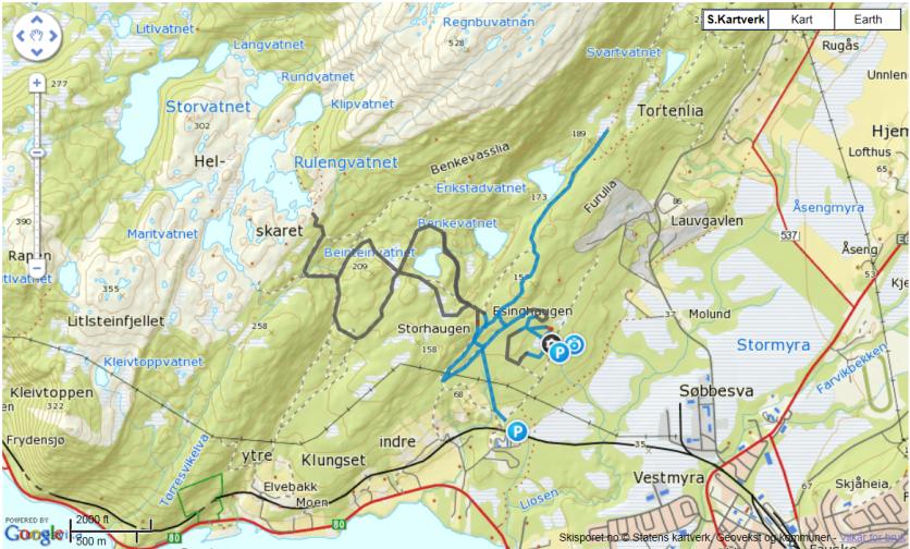 Kartet viser klungsetmarka Skiarena i forhold til Fauske.