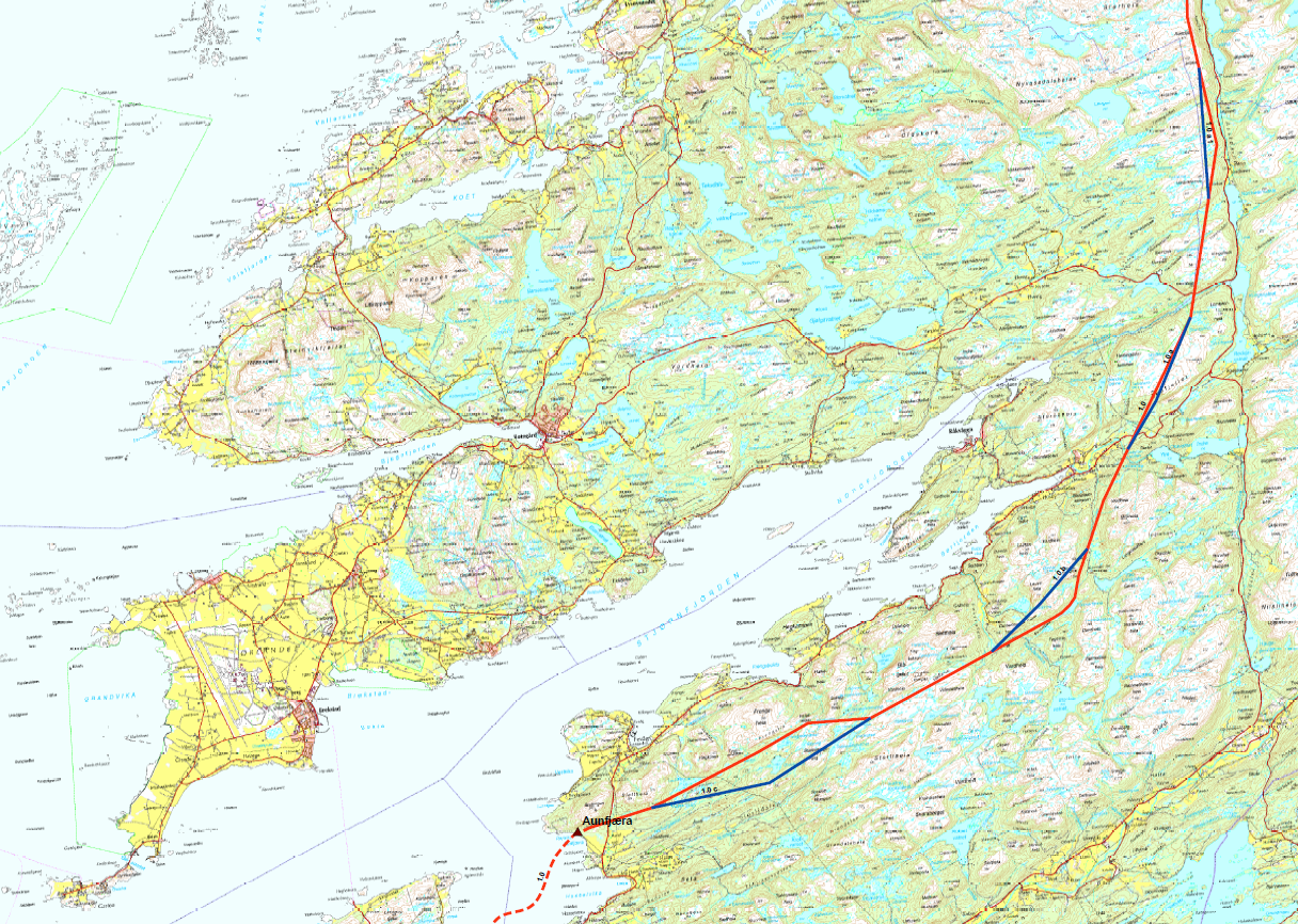 Bilde 2: Blå linje viser traséendringer for 420 kv - kraftledning Storheia Orkdal/Trollheim nord for Trondheimsfjorden (Tilleggssøknad Statnett, kartutsnitt vedlegg 10).