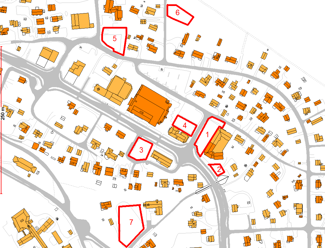 Kartutsnitt som viser kommunale/offentlige p-plasser innenfor sentrumsområdet på Elvebakken. Område 6 er ikke opparbeidet, men kun regulert i gjeldende sentrumsplan.