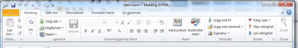 TILPASSE MENYBÅNDET I E-POSTVINDUET ephorte Outlook har gjort noen tilpasninger i menybåndet for å kunne knytte e-poster til ephorte saker og for å kunne veksle mellom forskjellige skjermbilder til